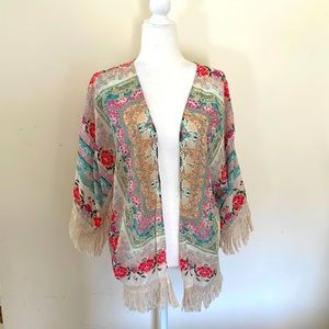 Floral Boho Fringe, kimono, cape, coverup by Linai in cream with pinks and teals